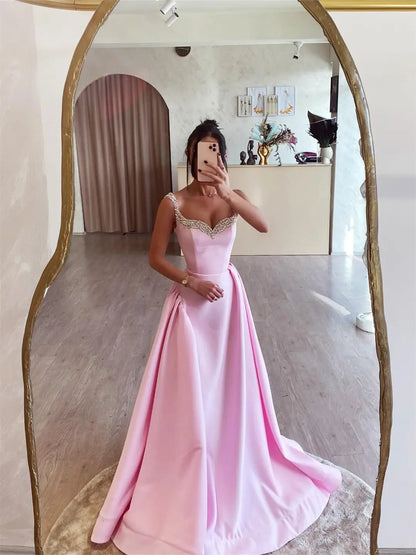 Pink Satin Prom Dresses 2025 Beaded Strap Formal Dress FD5245-prom dresses 2025 -Viniodress-Pink-Custom Size-