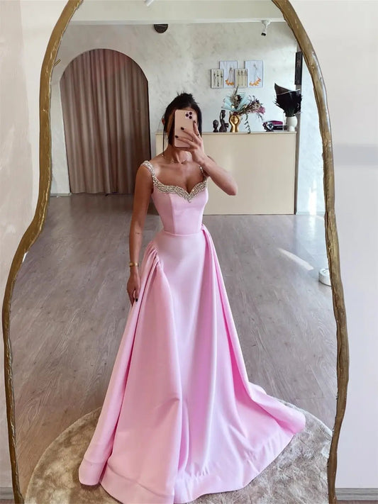 Pink Satin Prom Dresses 2025 Beaded Strap Formal Dress FD5245-prom dresses 2025 -Viniodress-Pink-Custom Size-