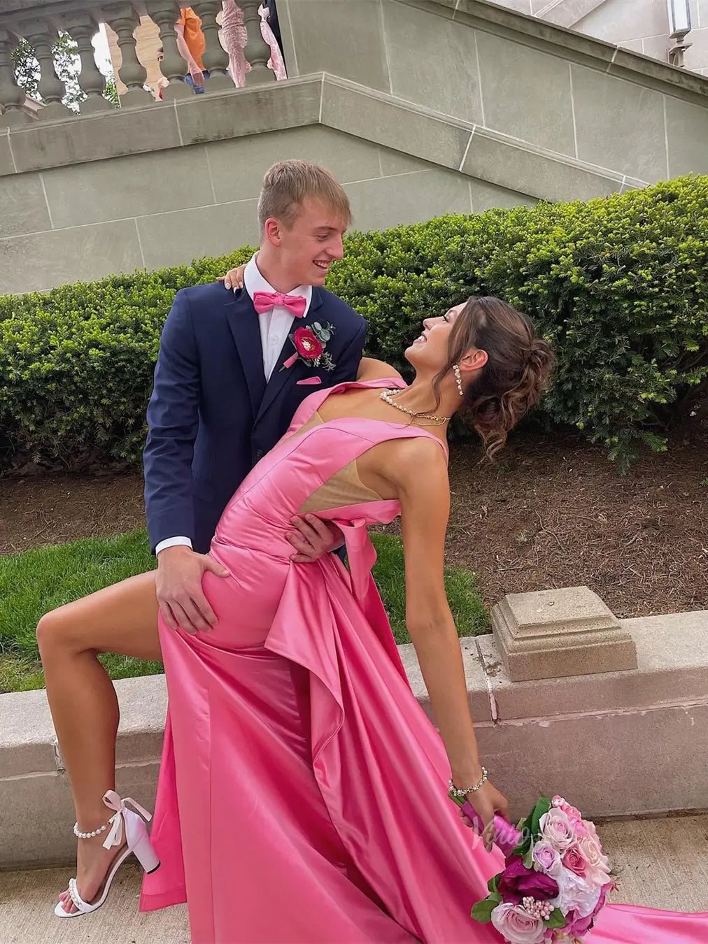 Pink Satin Prom Dresses 2025 Bow-Tie V-Neck Formal Gown with Slit - FD Viniodress Pink Satin Prom Dresses 2025 Bow-Tie V-Neck Formal Gown with Slit - FD Viniodress