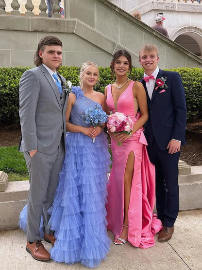 Pink Satin Prom Dresses 2025 Bow-Tie V-Neck Formal Gown with Slit - FD5148-prom dresses 2025 -Viniodress-Pink-Custom Size-