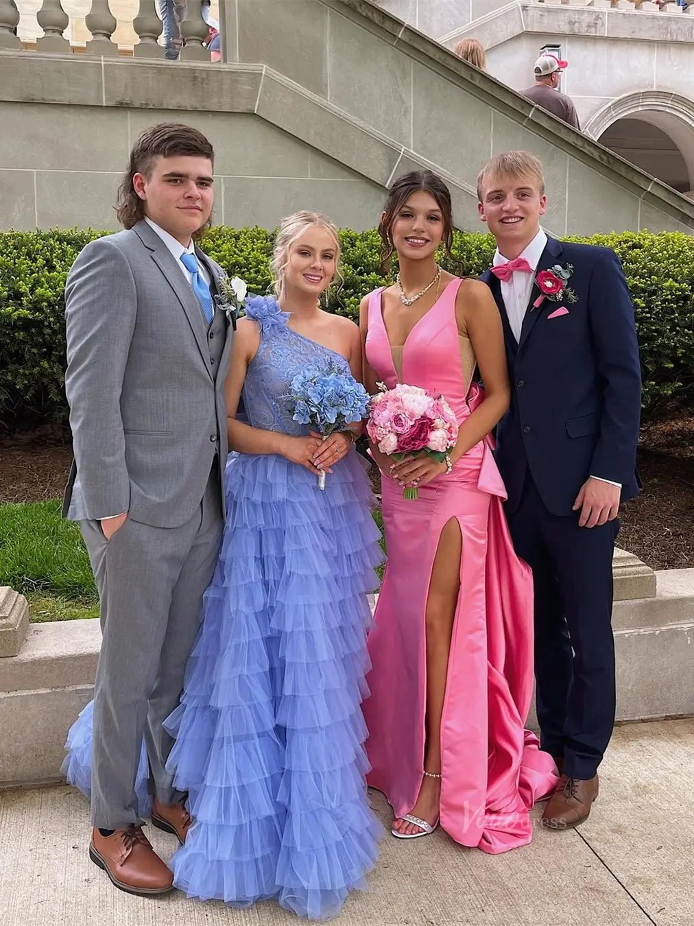 Pink Satin Prom Dresses 2025 Bow - Tie V - Neck Formal Gown with Slit - FD5148 - Viniodressprom dressesPinkCustom Size - Formal Dresses - Ball Gowns