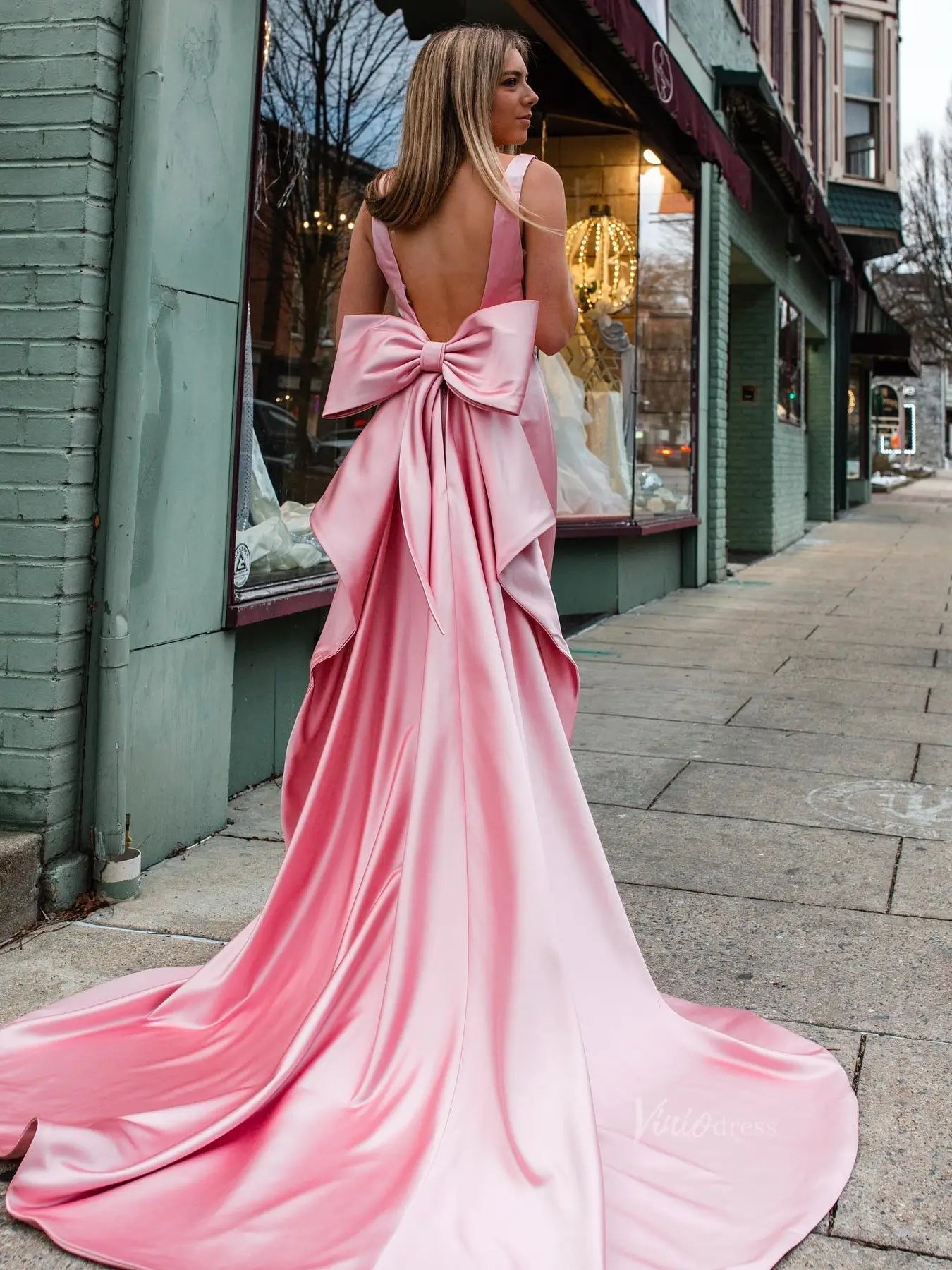 Pink Satin Prom Dresses 2025 Bow - Tie V - Neck Formal Gown with Slit - FD5148 - Viniodressprom dressesPinkCustom Size - Formal Dresses - Ball Gowns