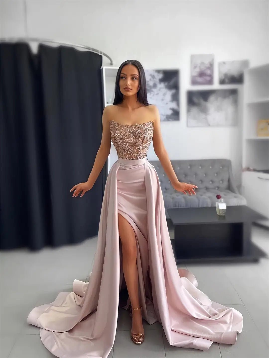 Pink Satin Prom Dresses 2025 Strapless Beaded Lace Formal Gown with High Slit & Overskirt FD5254-prom dresses 2025 -Viniodress-Pink-Custom Size-