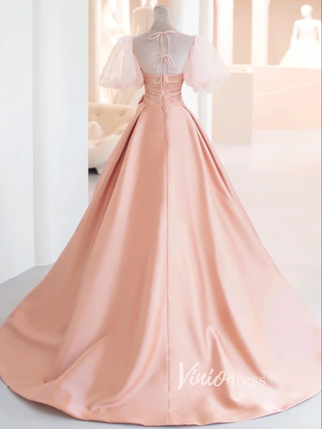 Pink Satin Prom Dresses Puffed Sleeve Formal Gown FD3435-prom dresses 2025 -Viniodress-Pink-Custom Size-
