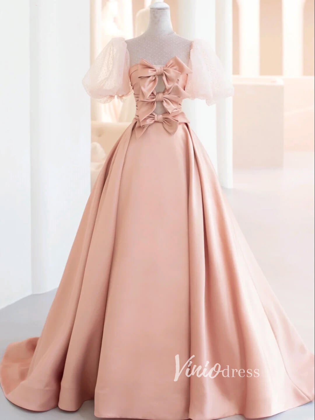 Pink Satin Prom Dresses Puffed Sleeve Formal Gown FD3435-prom dresses 2025 -Viniodress-Pink-Custom Size-