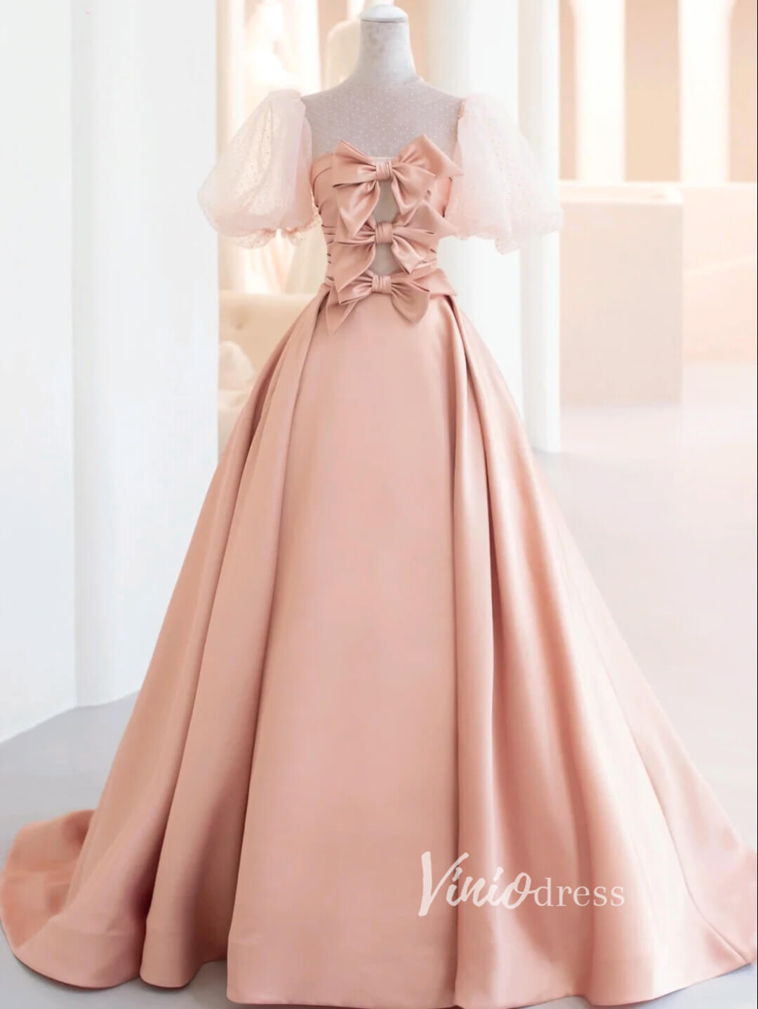 Prom Dress 2025 Pink Satin Prom Dresses Puffed Sleeve Formal Gown FD3435-unique prom dresses-Pink-Custom Size-Viniodress