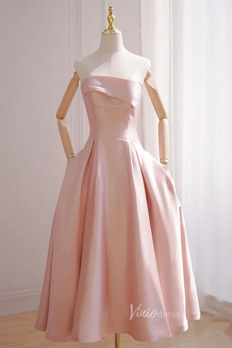 Prom Dress 2025 Pink Satin Prom Dresses Tea-Length Strapless Formal Dress FD3236-unique prom dresses-Pink-Custom Size-Viniodress