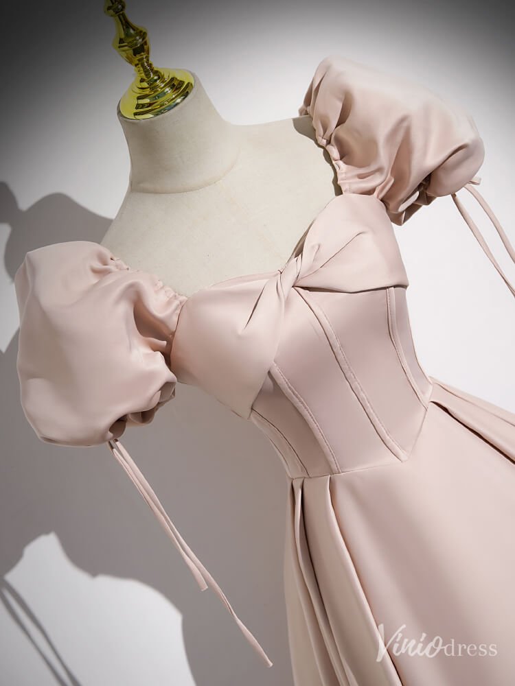 Pink Satin Puffed Sleeve Prom Dresses Off the Shoulder Formal Gown FD2313-prom dresses 2025 -Viniodress-Pink-Custom Size-