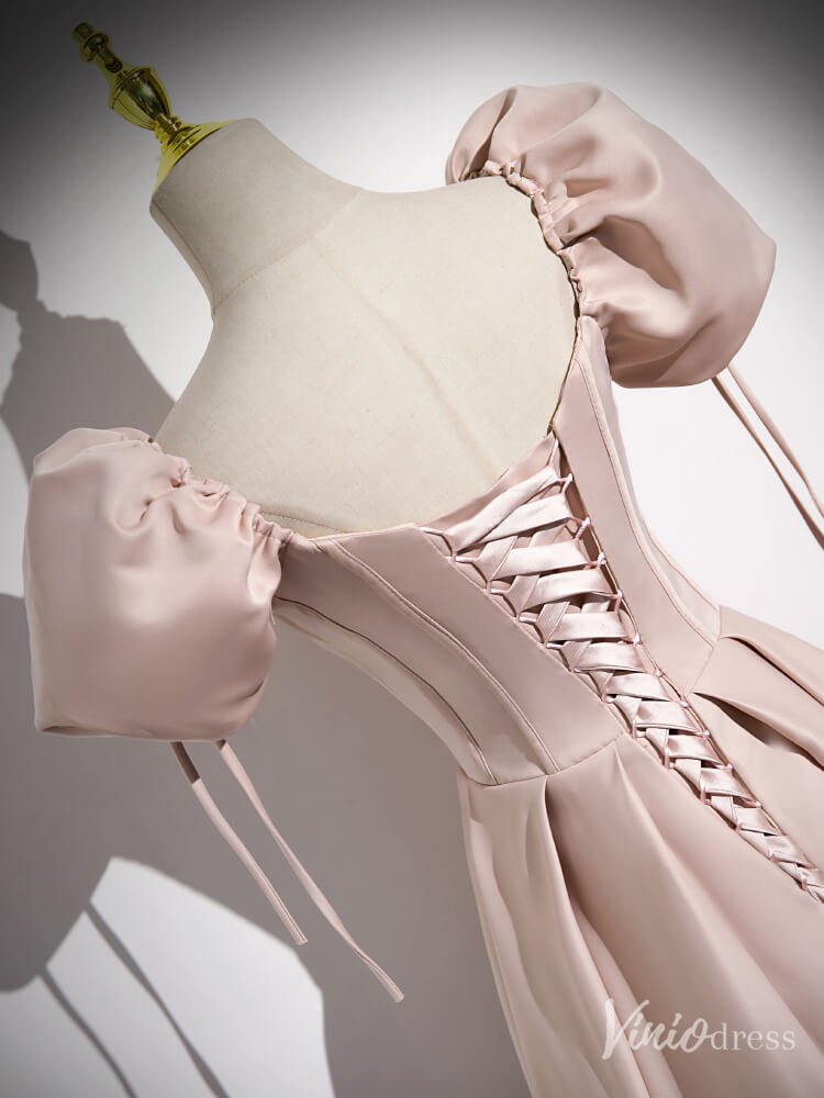 Pink Satin Puffed Sleeve Prom Dresses Off the Shoulder Formal Gown FD2313-prom dresses 2025 -Viniodress-Pink-Custom Size-