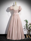 Pink Satin Puffed Sleeve Prom Dresses Off the Shoulder Formal Gown FD2313-prom dresses-Viniodress-Viniodress