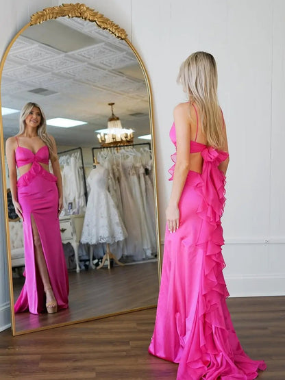 Pink Satin Ruffle Sheath Prom Dress with Slit & Spaghetti Strap – Style FD6066-prom dresses 2025 -Viniodress-Pink-Custom Size-