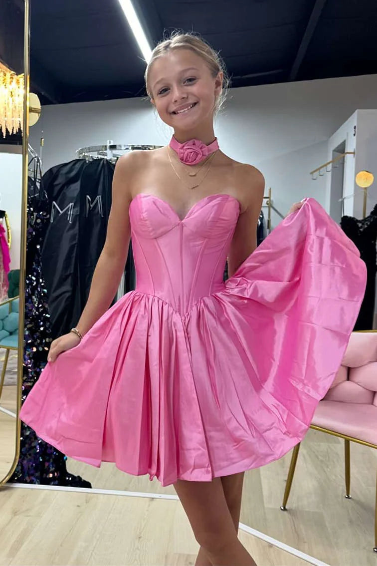 Pink Satin Strapless Corset Homecoming Dress with Pleated Skirt – Style SD1707-Homecoming Dresses 2026-Viniodress-Pink-Custom Size – Add Measurements in Cart-