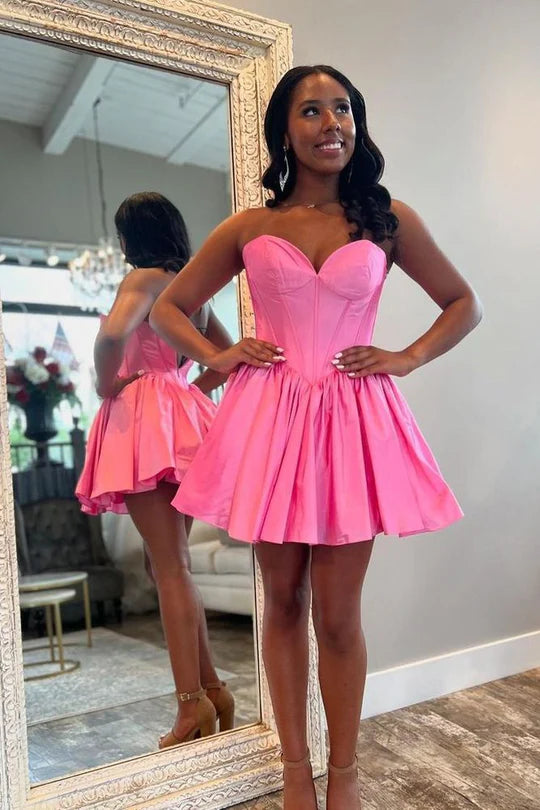 Pink Satin Strapless Corset Homecoming Dress with Pleated Skirt – Style SD1707-Homecoming Dresses 2026-Viniodress-Pink-Custom Size – Add Measurements in Cart-