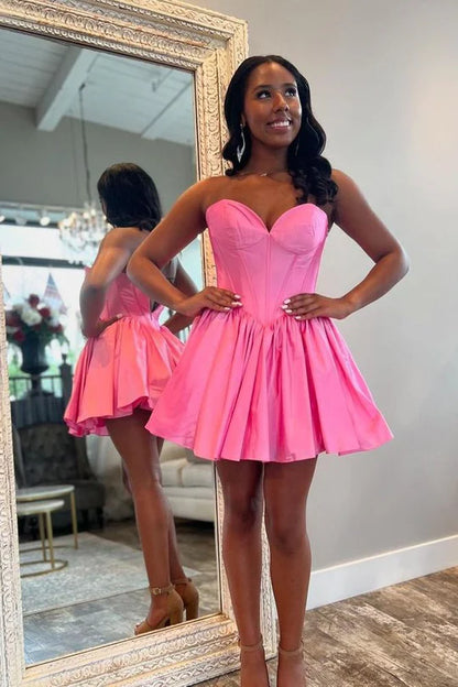 Pink Satin Strapless Corset Homecoming Dress with Pleated Skirt – Style SD1707-Homecoming Dresses 2026-Viniodress-Pink-Custom Size – Add Measurements in Cart-
