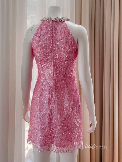 Pink Sequin Beaded Halter Neck Short Prom Dresses Bodycon Dress FD4026-prom dresses 2025 -Viniodress-Pink-Custom Size-