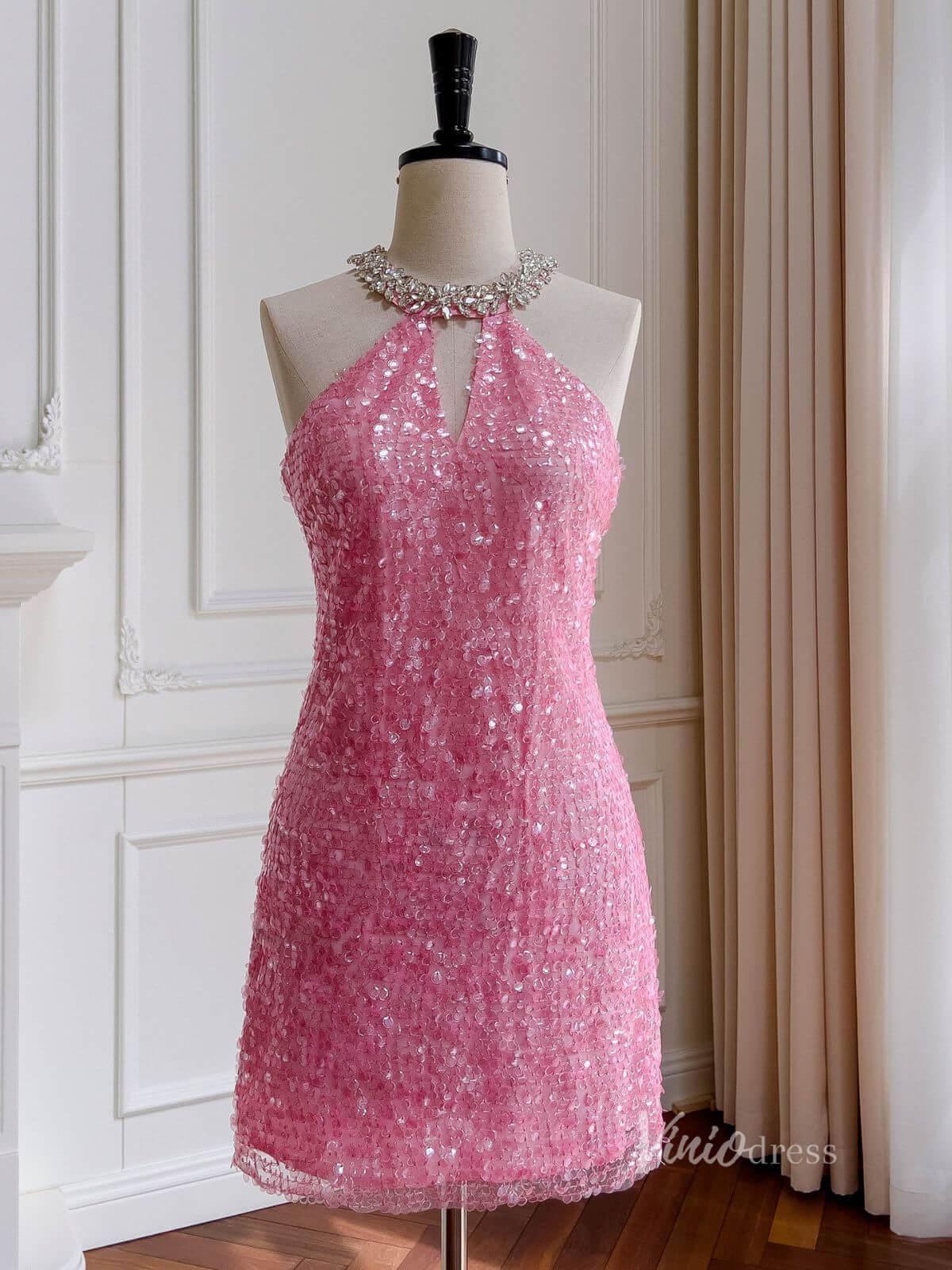 Pink Sequin Beaded Halter Neck Short Prom Dresses Bodycon Dress FD4026-prom dresses-Viniodress-Pink-Custom Size-Viniodress