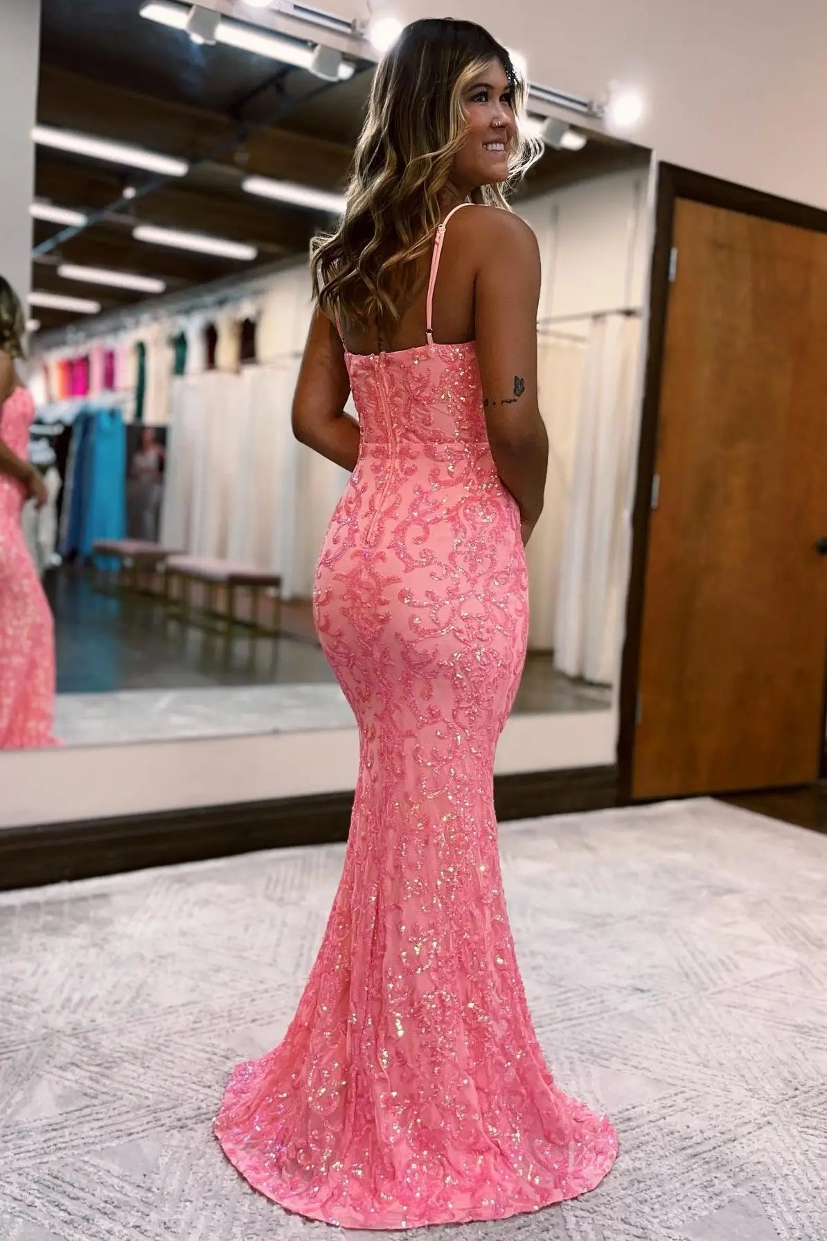 Pink Sequin Embroidered Prom Dress with Square Neckline and Spaghetti Straps – SQ034-prom dresses 2026-Viniodress-Pink-Custom Size – Add Measurements in Cart-