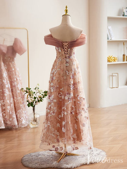 Pink Sequin Lace Floral Prom Dresses Off the Shoulder Maxi Dress 90072-prom dresses 2025 -Viniodress-Pink-Custom Size-