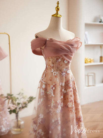Pink Sequin Lace Floral Prom Dresses Off the Shoulder Maxi Dress 90072-prom dresses 2025 -Viniodress-Pink-Custom Size-