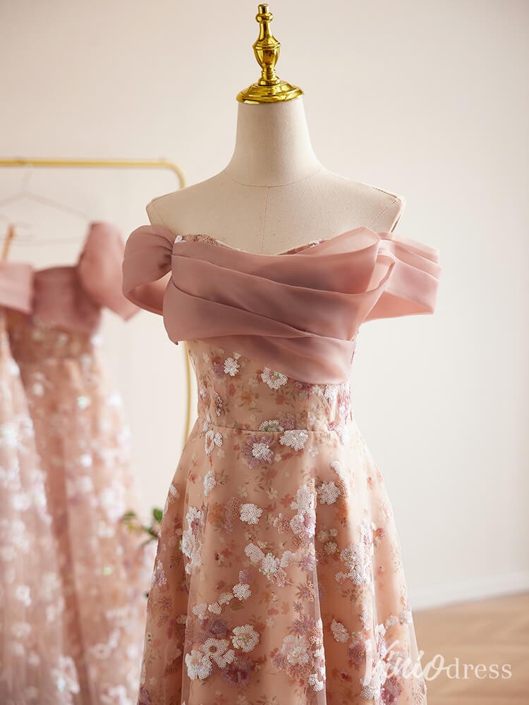 Pink Sequin Lace Floral Prom Dresses Off the Shoulder Maxi Dress 90072-prom dresses 2025 -Viniodress-Pink-Custom Size-