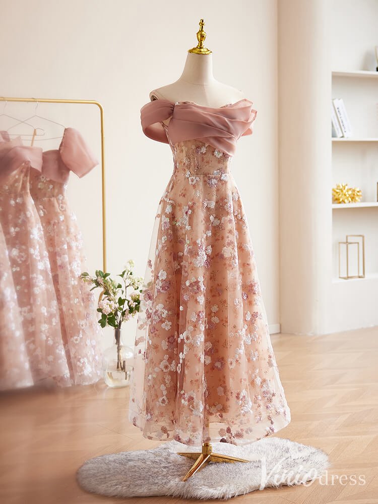 Pink Sequin Lace Floral Prom Dresses Off the Shoulder Maxi Dress 90072 - Viniodressprom dressesPinkCustom Size - Formal Dresses - Ball Gowns