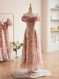 Pink Sequin Lace Floral Prom Dresses Off the Shoulder Maxi Dress 90072