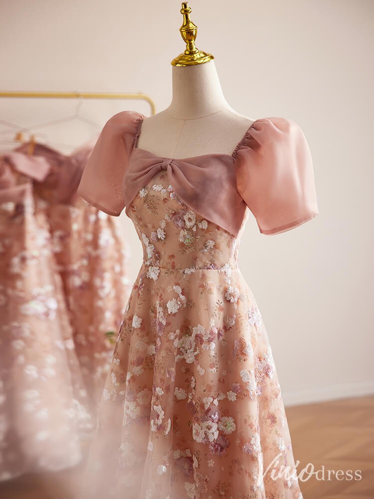 Pink Sequin Lace Floral Prom Dresses Puffed Sleeve Maxi Dress 90071-prom dresses 2025 -Viniodress-Pink-Custom Size-