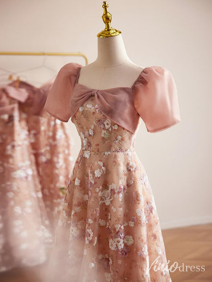 Pink Sequin Lace Floral Prom Dresses Puffed Sleeve Maxi Dress 90071-prom dresses 2025 -Viniodress-Pink-Custom Size-