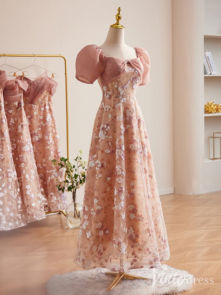 Pink Sequin Lace Floral Prom Dresses Puffed Sleeve Maxi Dress 90071 - Viniodressprom dressesPinkCustom Size - Formal Dresses - Ball Gowns