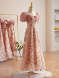 Pink Sequin Lace Floral Prom Dresses Puffed Sleeve Maxi Dress 90071-prom dresses-Viniodress-Viniodress