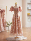 Pink Sequin Lace Floral Prom Dresses Puffed Sleeve Maxi Dress 90071