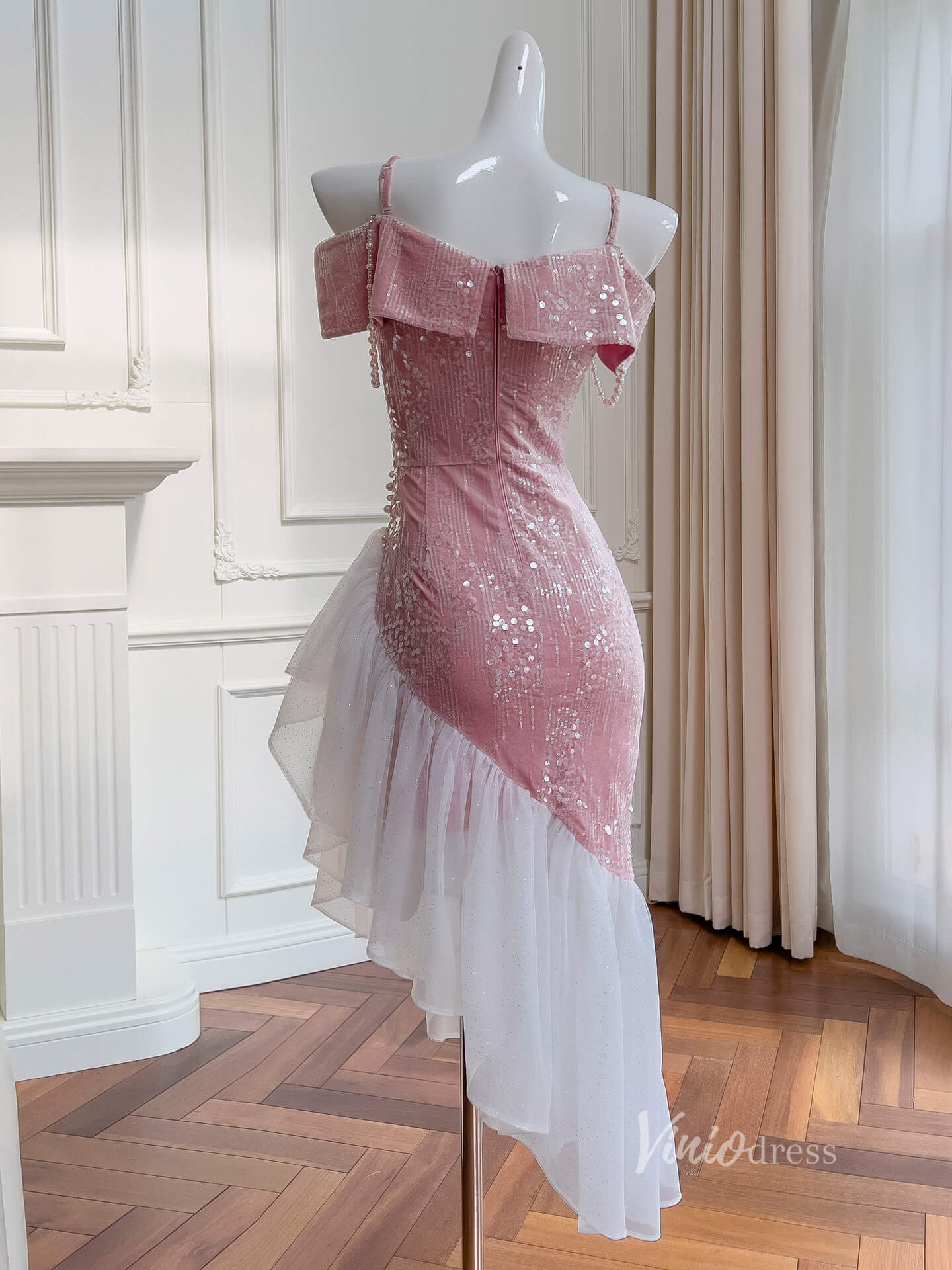 Pink Sequin Lace High Low Prom Dresses Mermaid Off the Shoulder Maxi Dress FD4021-prom dresses 2025 -Viniodress-Pink-Custom Size-