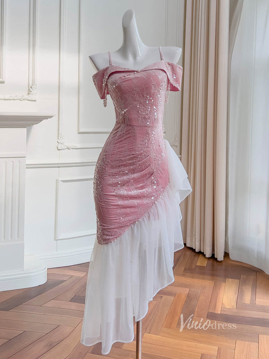 Pink Sequin Lace High Low Prom Dresses Mermaid Off the Shoulder Maxi Dress FD4021-prom dresses 2025 -Viniodress-Pink-Custom Size-