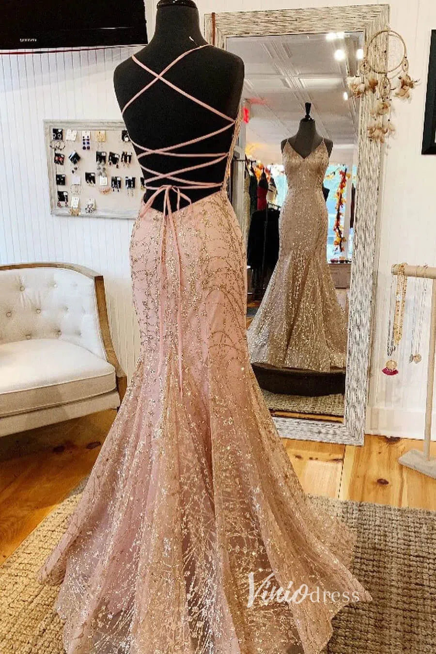 Prom Dress 2025 Pink Sequin Prom Dresses Mermaid Spaghetti Strap Evening Dress FD3309-unique prom dresses-Pink-Custom Size-Viniodress