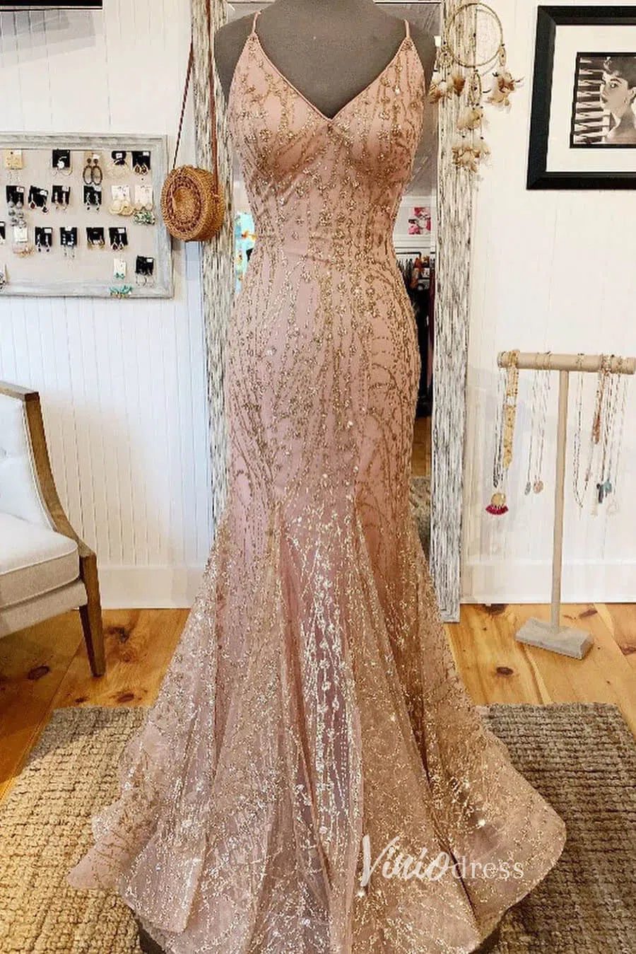 Prom Dress 2025 Pink Sequin Prom Dresses Mermaid Spaghetti Strap Evening Dress FD3309-unique prom dresses-Pink-Custom Size-Viniodress