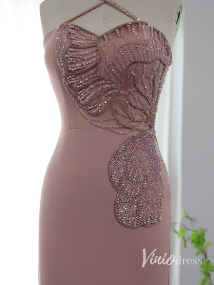 Pink Sheath Prom Dresses with Slit Spaghetti Strap Evening Dresses AD1146-Evening Dresses 2025 -Viniodress-Pink-US 2-