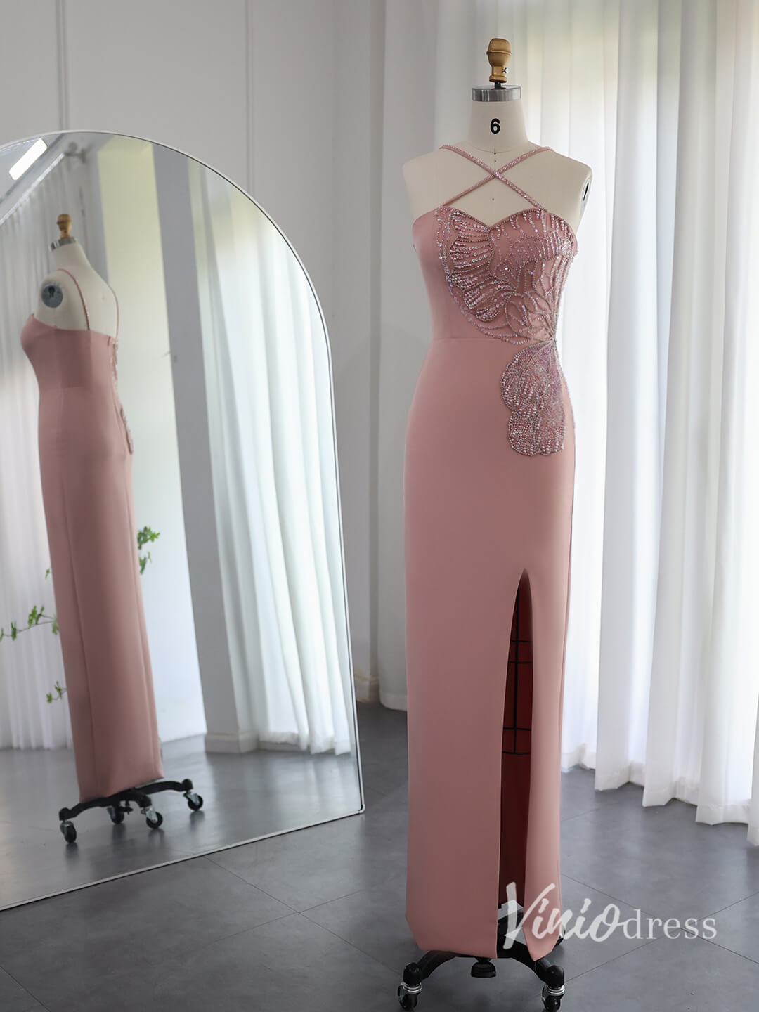 Pink Sheath Prom Dresses with Slit Spaghetti Strap Evening Dresses AD1146-Evening Dresses 2025 -Viniodress-Pink-US 2-