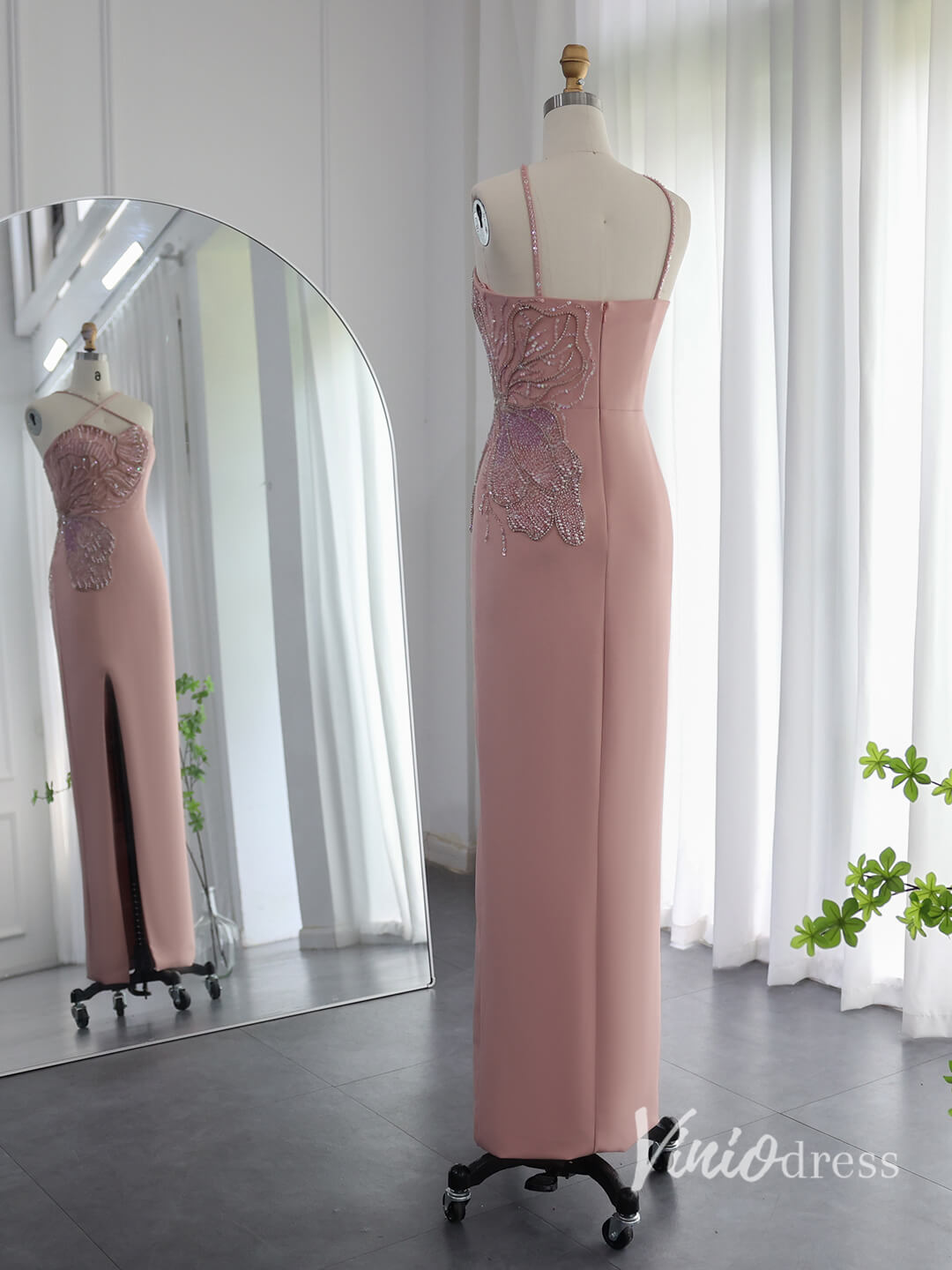 Pink Sheath Prom Dresses with Slit Spaghetti Strap Evening Dresses AD1146-Evening Dresses 2025 -Viniodress-Pink-US 2-