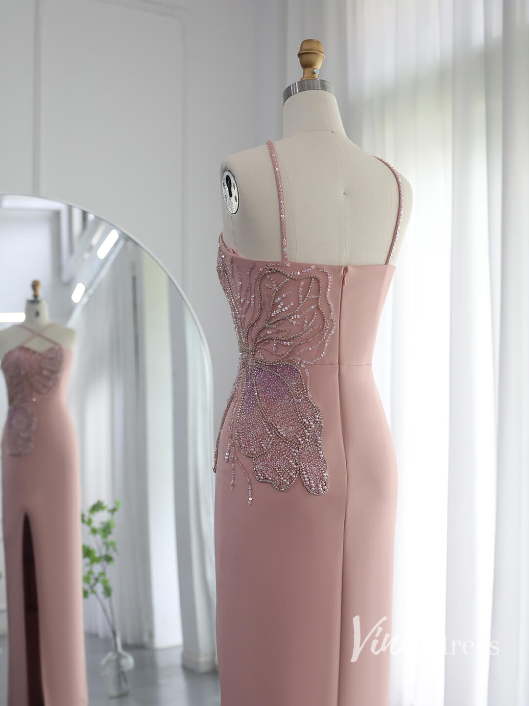 Pink Sheath Prom Dresses with Slit Spaghetti Strap Evening Dresses AD1146-Evening Dresses 2025 -Viniodress-Pink-US 2-