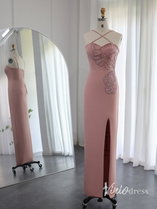 Pink Sheath Prom Dresses with Slit Spaghetti Strap Evening Dresses AD1146-Evening Dresses 2025 -Viniodress-Pink-US 2-
