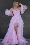 Pink Sheer Lace Applique Ruffled Prom Dresses with Slit Removable Puffed Sleeve FD3999