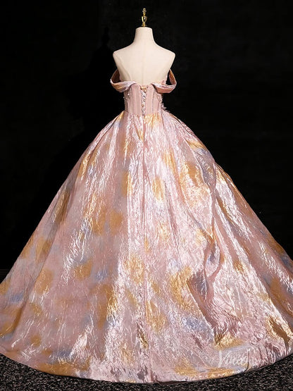 Pink Shimmering Off the Shoulder Prom Ball Gown Floral Pleated Quinceanera Dresses BG003-prom dresses 2025 -Viniodress-Pink-Custom Size-