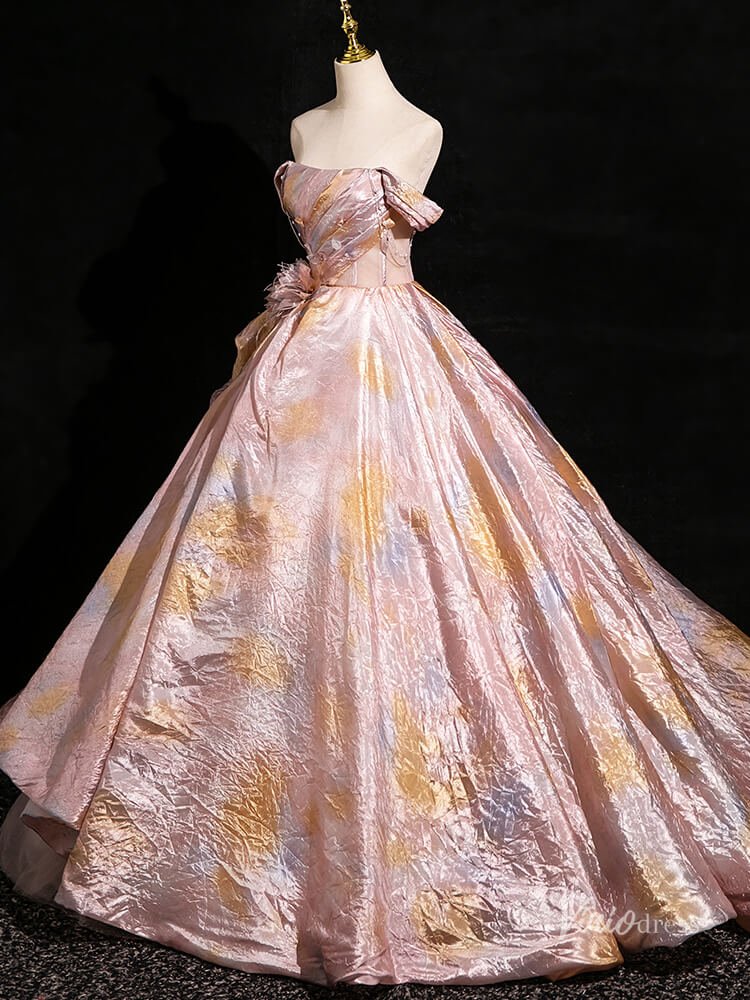Pink Shimmering Off the Shoulder Prom Ball Gown Floral Pleated Quinceanera Dresses BG003-prom dresses 2025 -Viniodress-Pink-Custom Size-