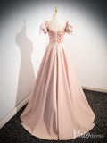 Pink Smooth Satin Cheap Prom Dresses Sequin Lace Puffed Sleeve 90068-prom dresses-Viniodress-Viniodress