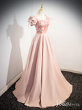 Pink Smooth Satin Cheap Prom Dresses Sequin Lace Puffed Sleeve 90068-prom dresses-Viniodress-Viniodress