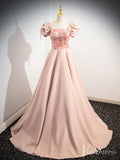 Pink Smooth Satin Cheap Prom Dresses Sequin Lace Puffed Sleeve 90068