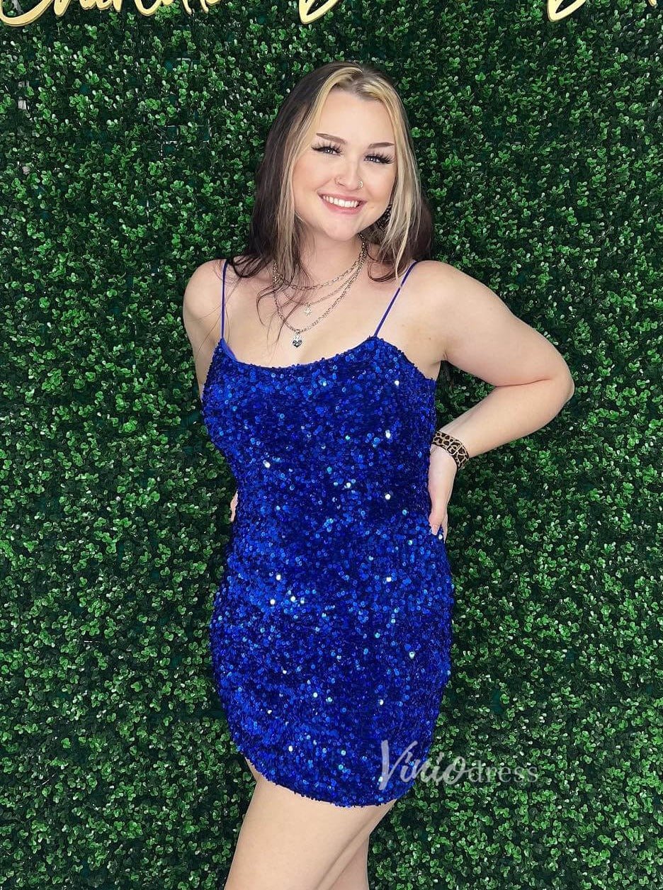 Pink Spaghetti Strap Bodycon Homecoming Dresses Tight Sequin Cocktail Dress SD1512-Homecoming Dresses 2025 -Viniodress-Royal Blue-Custom Size-