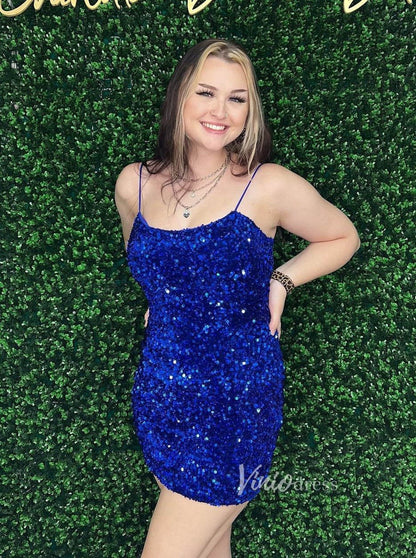 Pink Spaghetti Strap Bodycon Homecoming Dresses Tight Sequin Cocktail Dress SD1512-Homecoming Dresses 2025 -Viniodress-Royal Blue-Custom Size-