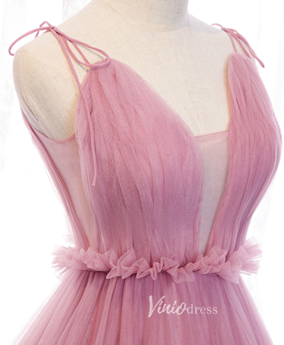 Prom Dress 2025 Pink Spaghetti Strap Prom Dresses Plunging V-Neck Pleated Evening Dress FD3165-unique prom dresses-Pink-Custom Size-Viniodress