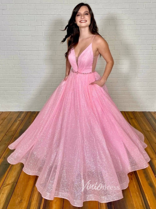 Pink Spaghetti Strap Prom Dresses Plunging V-Neck Sparkly Tulle Evening Dress FD3083-prom dresses 2025 -Viniodress-Pink-Custom Size-